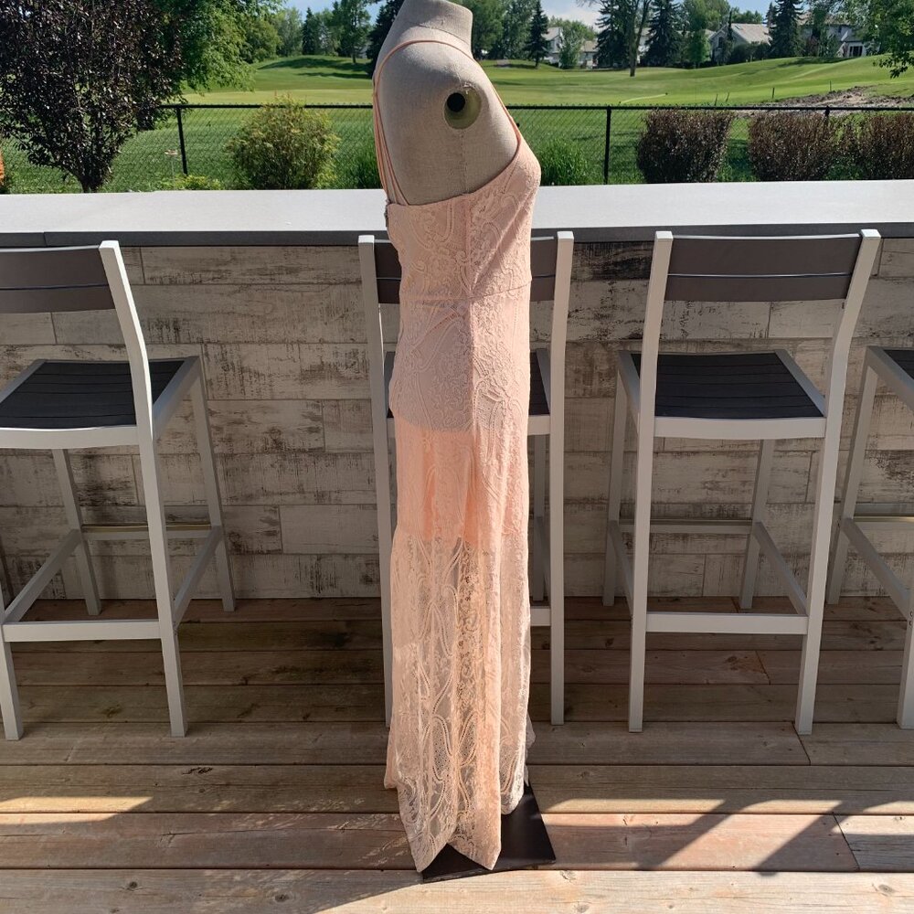 Vintage Hand Sewn Peach Sheer Lace Maxi Dress Long Gown - Picture 8 of 16